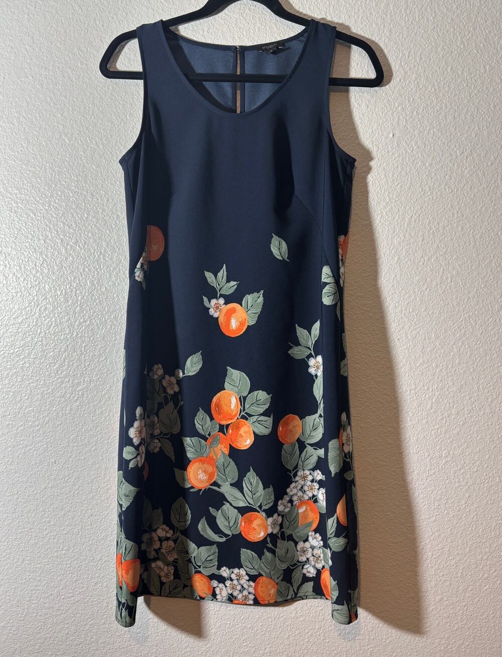 Ann Taylor Factory Size XS Orange Fruit Floral Navy Blue Knee-Length Shift Dress